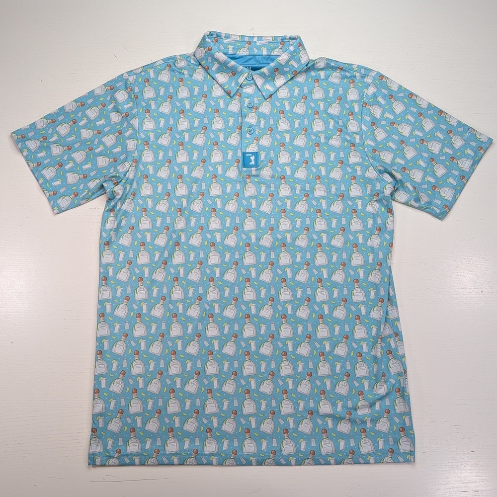 Bogey Bros Golf Polo Mens M Blue Tequila Bottle Lime Novelty Print Stretch